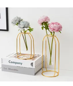 Nordische goldene Metall Glas Reagenzglas Vase mit künstlichen Pfingstrosen für Heimdekoration.