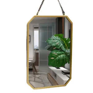 Nordic gold wall mirror with chain, modern hanging mirror for bathroom, living room or hallway decor.
