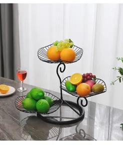 Detailed view of a 3-tier black metal wire fruit basket, showcasing multi-layer design.