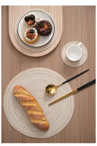 Woven cotton placemats and coasters set, heat-resistant table mats for dining room home decor.