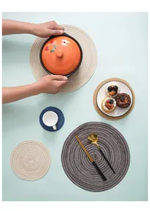 Round braided placemat details, Nordic style heat insulation mat for dining table decor.