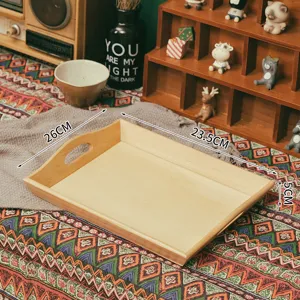 Retro wooden rectangular serving tray and desktop organizer for home storage and fruit display.