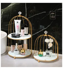 Gold birdcage cosmetic storage rack, double tier makeup organizer with marble tray for desktop.