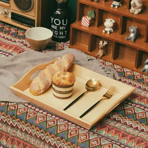 Vintage wooden rectangular serving tray, decorative storage box for home desktop and kitchen.