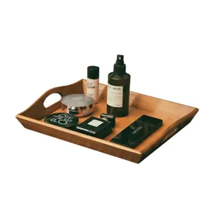 Retro wooden rectangular storage tray with handles for desktop cosmetic organizer decor