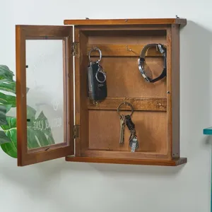 Vintage Wooden Wall Mounted Key Holder Box With Glass Door Storage Cabinet With Hooks For Entryway Home Decor