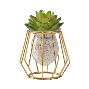Modern geometric gold metal stand with glass vase and artificial succulent for office desk decor.