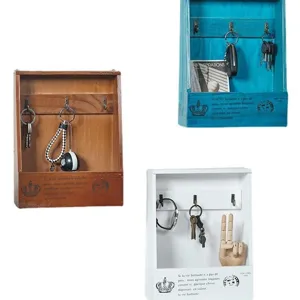 Vintage wooden wall-mounted key storage box for entryway decor, multi-color rustic hanging organizer.