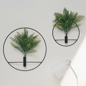 Minimalist iron ring wall hanging planter with green artificial fern for indoor home decor