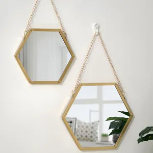 Nordic Iron Hexagon Hanging Wall Mirror Minimalist Gold Chain Wall Mounted Vanity Mirror For Bathroom Bedroom Home Decor
