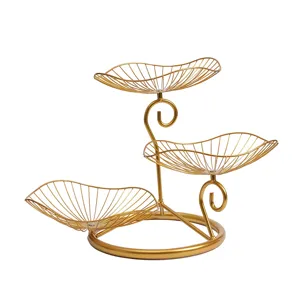 Nordic 3-Tier Golden Metal Fruit Basket Leaf Shaped Wire Storage Tray Living Room Decor