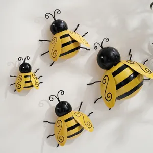 Metal bee wall decor set, four pieces of yellow and black hanging garden ornaments for outdoor.