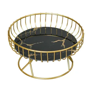 European luxury gold metal wire fruit basket with black marble pattern base for home decor
