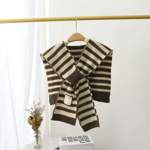 Knitted striped small shawl scarf detail, fashionable Korean style false collar with tie design.