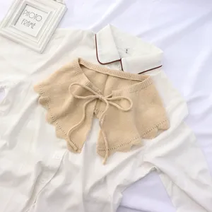 Beige knitted fake collar with tie knot and ruffle edge, detachable shawl for women.