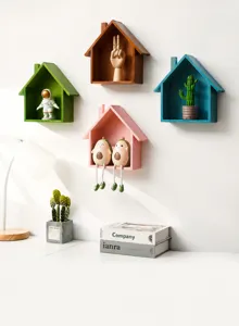 Wooden house wall shelf decorative wall mount wooden storage rack for home living room decor