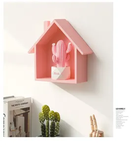 Wooden house wall shelf pink home decor minimalist wall hanging shelf detail view