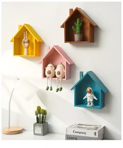 Wooden house wall shelf home decor set, minimalist vintage wall mounted display rack for room.