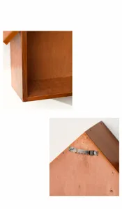 Close-up detail view of the solid wood wall shelf showcasing sturdy material and metal hook.