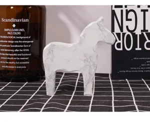 Nordic style marble wooden horse figurine, creative desktop decor for living room shelf.