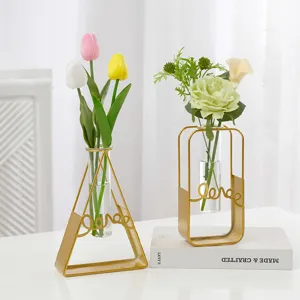 Nordische kreative minimalistische Glas-Vase mit goldenem Metallständer für Wohnkultur