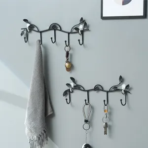 Nordic Minimalist Iron Branch Leaf Wall Mounted Coat Hook Punch Free Decorative Key Holder Multi Hook Home Storage