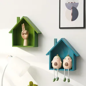 Wooden house wall shelf vintage home hanging decor storage rack for living room bedroom