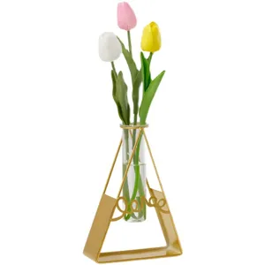 Nordische minimalistische Glasvase mit Metallständer und künstlichen Tulpen für Deko