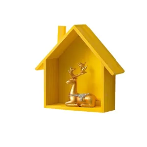 Wooden house wall shelf with golden deer figurine home decor hanging display organizer rack