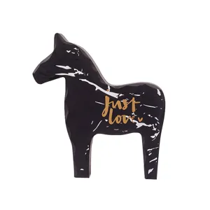 Nordic style wooden horse figurine for home desktop decor with gold text lettering