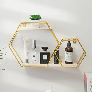 Nordic minimalist hexagonal wall mounted iron and wood floating shelf for room decor
