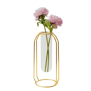 Nordische goldene Metall Glas Reagenzglas Vase mit rosa Blumen für Tischdekoration
