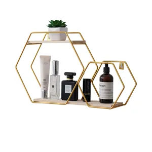 Nordic modern minimalist iron wall shelf geometric hexagonal wooden storage rack main view