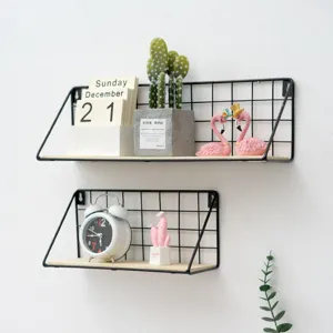 Punch Free Wall Mounted Storage Rack Iron Mesh And Wood Board Floating Shelf Bedroom Kitchen Wall Hanging Organizer