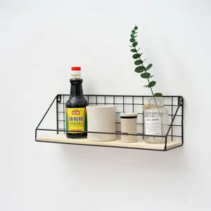 Wall-mounted storage shelf with iron wire and wood board for kitchen bedroom organization