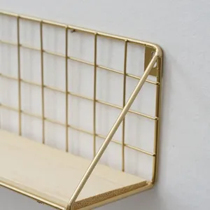Wall mounted iron wire storage shelf with wooden base for bedroom kitchen and living room