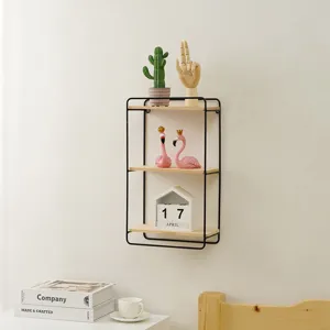 Modern iron wood wall shelf 3-tier hanging display rack for living room home decor storage