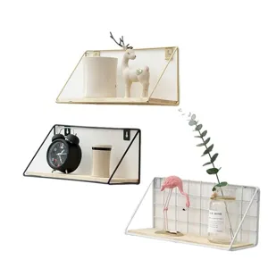 Wall mounted storage shelf iron and wood floating shelves bedside bedroom organizer wall decor