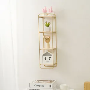 Wall-mounted iron and wood storage shelf, minimalist geometric rack for home decor.