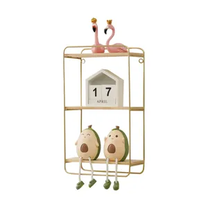 Metal wood wall shelf 3 tier hanging rack with cute decor for living room home decor