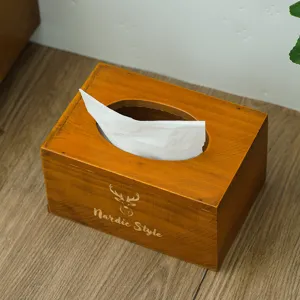 Wooden tissue box for living room desk, vintage rectangular paper holder with Nordic style deer.