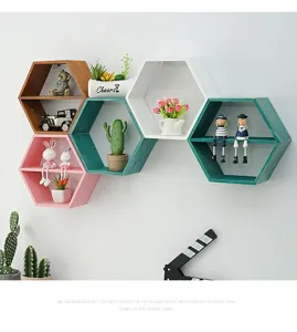 Hexagon wooden wall shelves for living room bedroom wall hanging display partition storage rack.