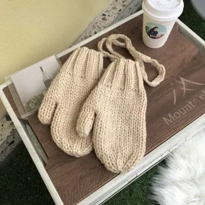 Beige thick knit mittens with neck strap, cozy warm winter gloves for daily wear