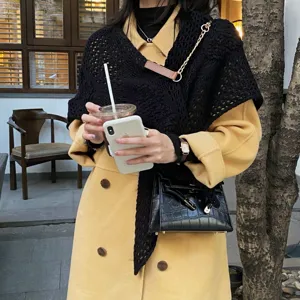 Knit triangular shawl wrap winter scarf with leather buckle and chain accessory fashion top