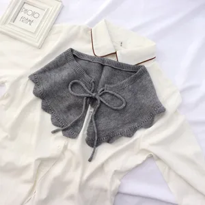 Grey knitted fake collar ruffle shawl with tie knot detachable design for women.