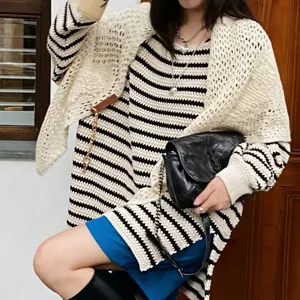 Striped knitted shawl sweater, versatile winter warm top and scarf set for women fashion.