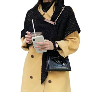 Women autumn winter knitted triangular scarf shawl with leather buckle and metal chain wrap.