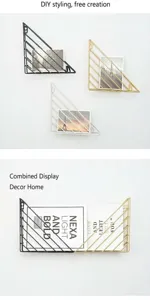 Nordic style iron wall shelf detail, minimalist metal storage rack for books and magazines.