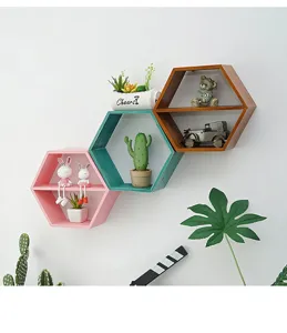 Hexagonal wooden wall shelves, decorative floating shelves for living room and bedroom.