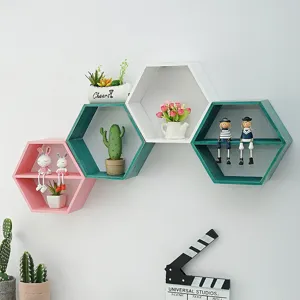 Wooden Hexagon Wall Shelf Floating Storage Rack Geometric Hanging Shelves For Living Room Bedroom Home Decor